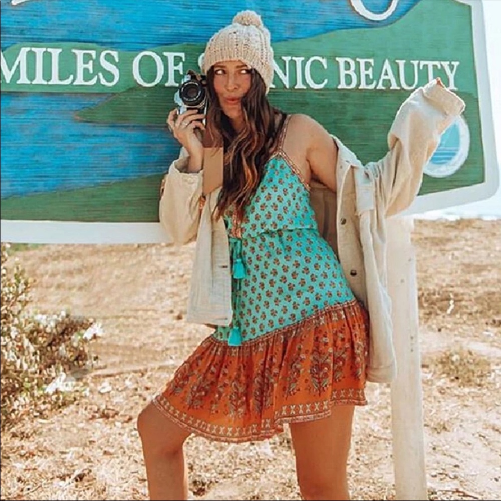 Boho Floral Gypsy Print Dress Blue Teal Orange - Picture 5 of 12